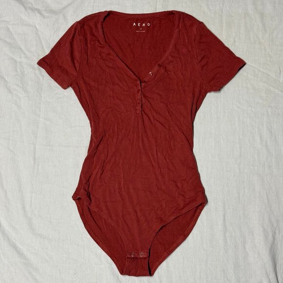 Burnt Orange Aero Button Neckline Ribbed Bodysuit - Picture 1 of 4